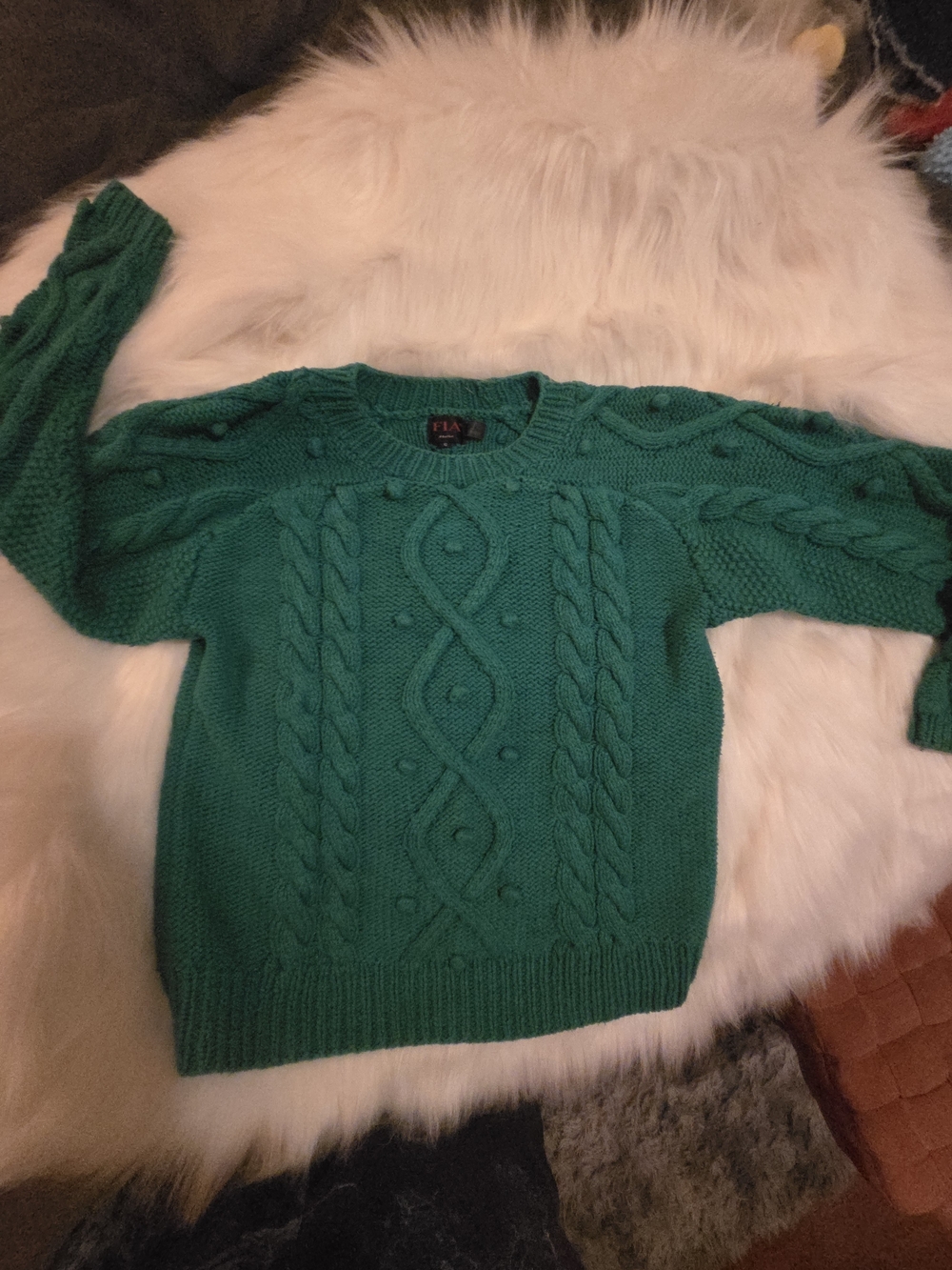 ​Vintage 90s FIA Emerald Green Cable Knit Bobble Sweater Size S